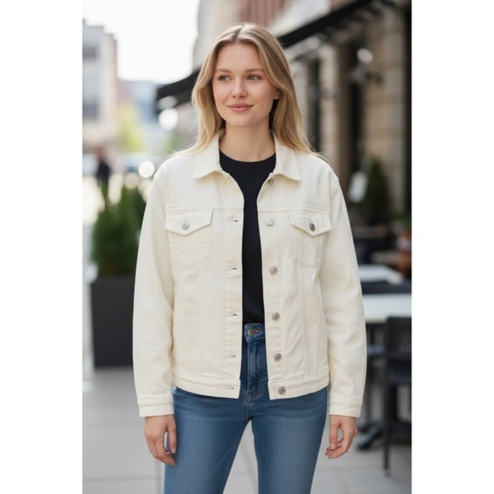 Womens XL White Denim Trucker Jacket Jean Jacket Cotton Cropped Layering - Picture 4 of 9